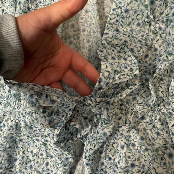 Women's Floral Print Ruffle Topper Tie-Waist Bell-Sleeve Top, Blue, S - Picture 4 of 6